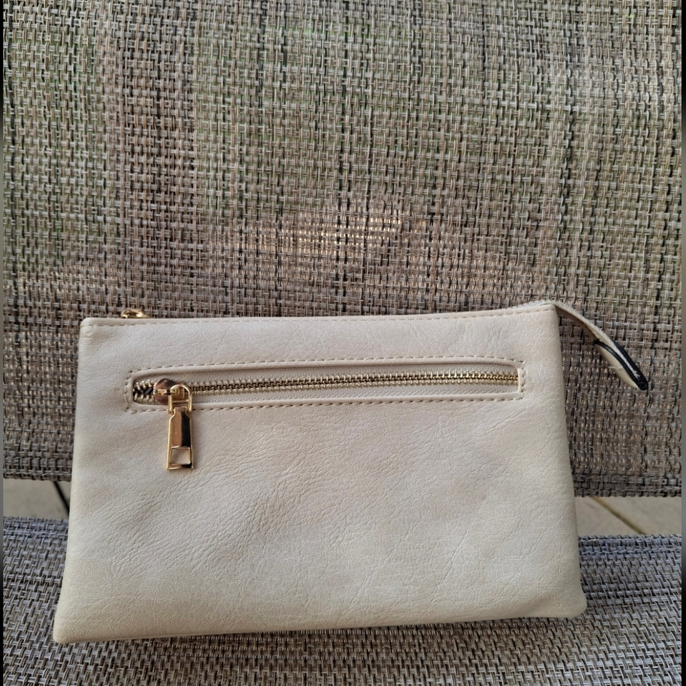 Beige Metallic Clutch with Zipper & Crossbody Strap